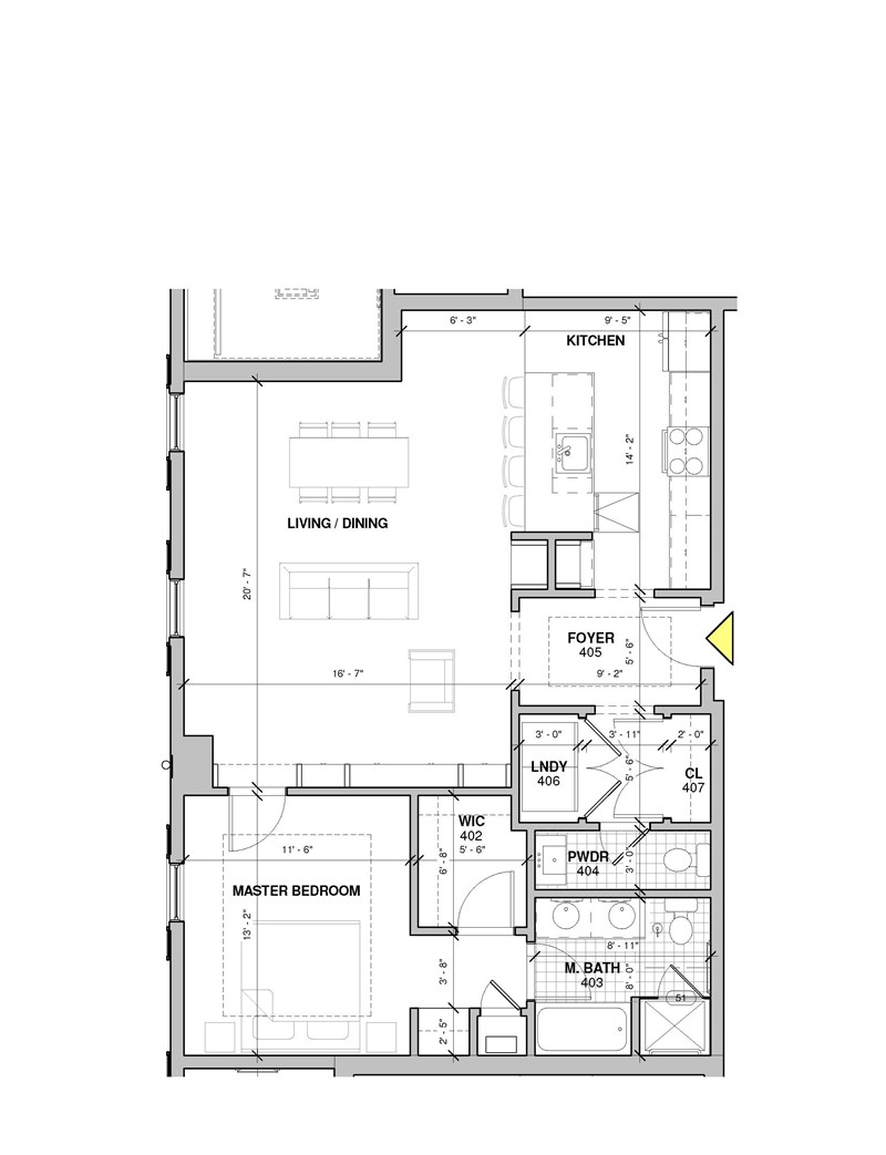 Floor plan for 1 bed, 1.5 baths, 1210 sqft